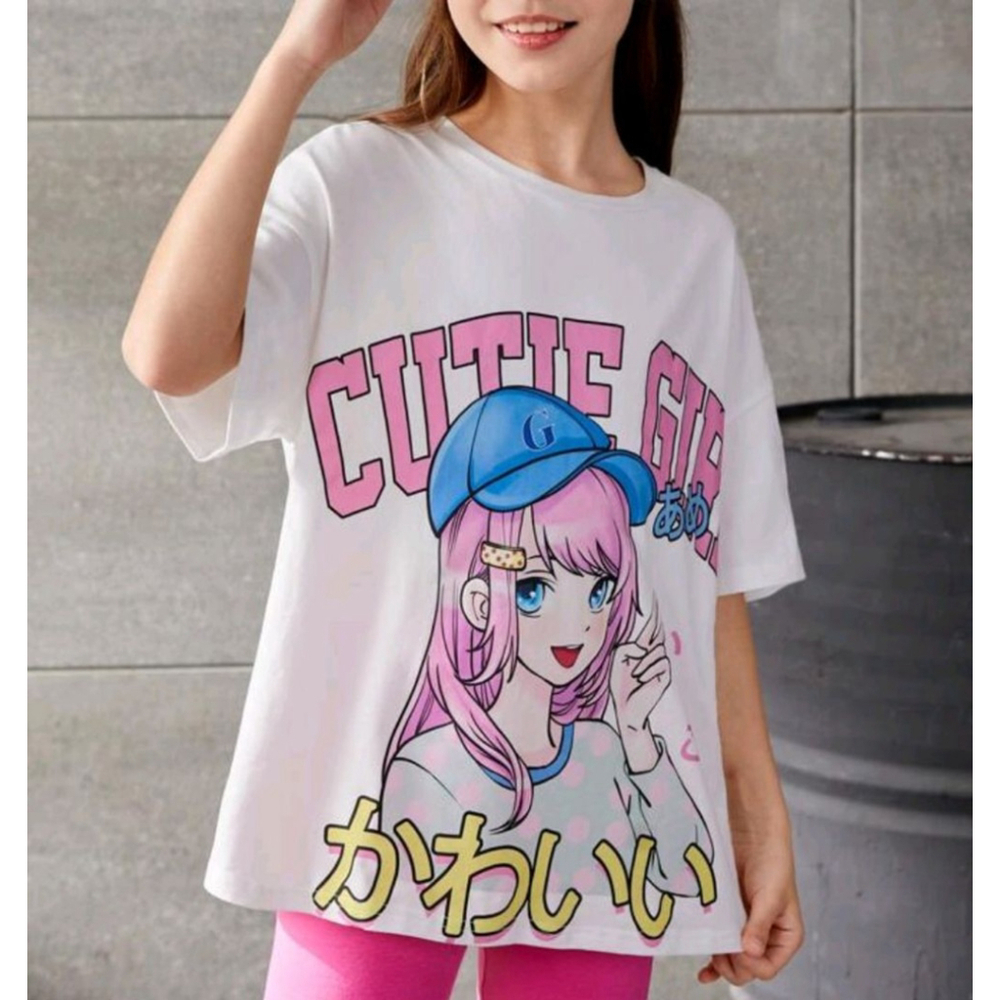 Girls SHEIN White Pink Anime Graphic Short Sleeve Tee Size 12
